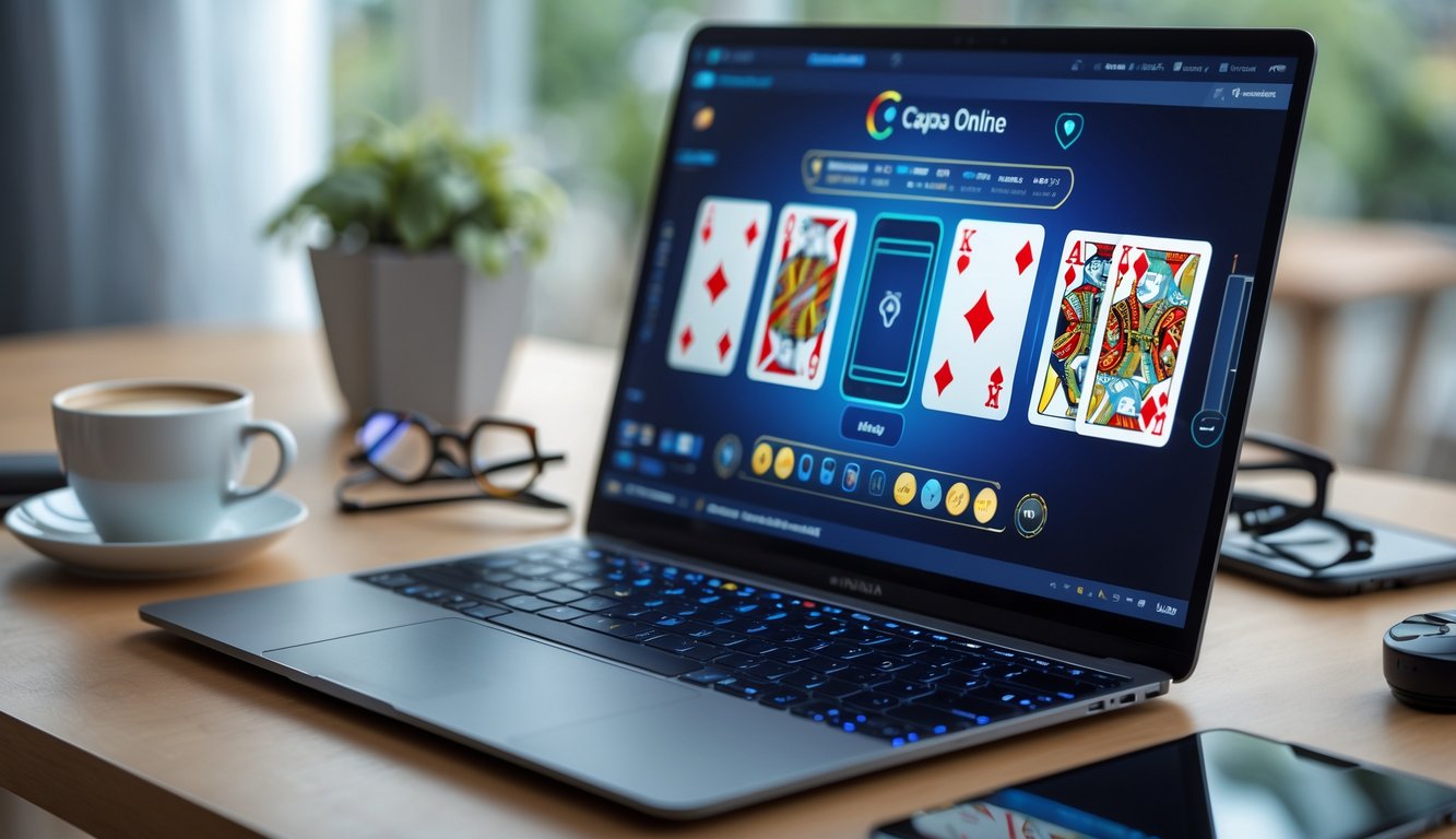Sebuah laptop di meja kerja menampilkan permainan kartu online dengan kartu yang terlihat jelas, dikelilingi oleh cangkir kopi dan ponsel di suasana ruangan yang nyaman.