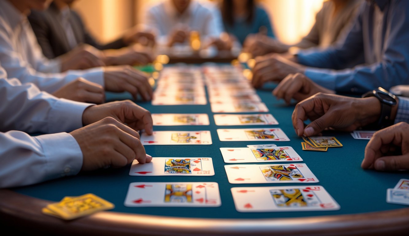 Meja permainan Capsa Susun dengan kartu yang tersusun rapi dan tangan pemain yang sedang menyusun strategi.