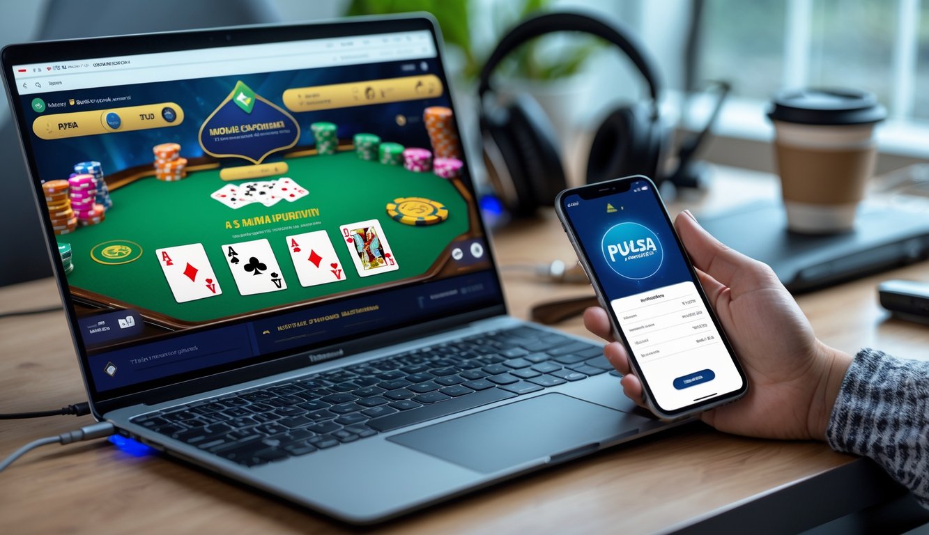 Seorang pengguna sedang melakukan deposit pulsa untuk permainan kartu online menggunakan laptop dan ponsel di meja kerja yang rapi.