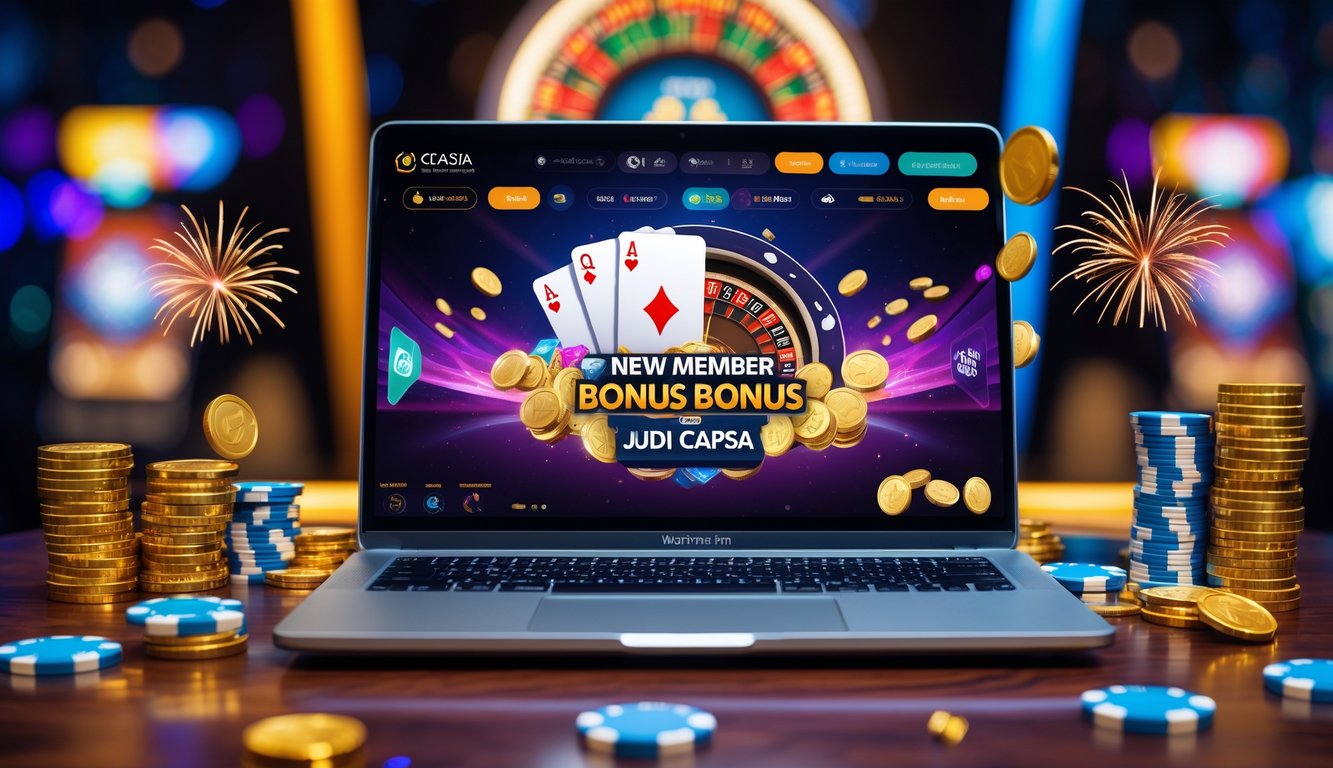 Seorang pengguna sedang bermain permainan kartu online di depan laptop dengan suasana yang cerah dan elemen chip serta koin di sekitar meja.