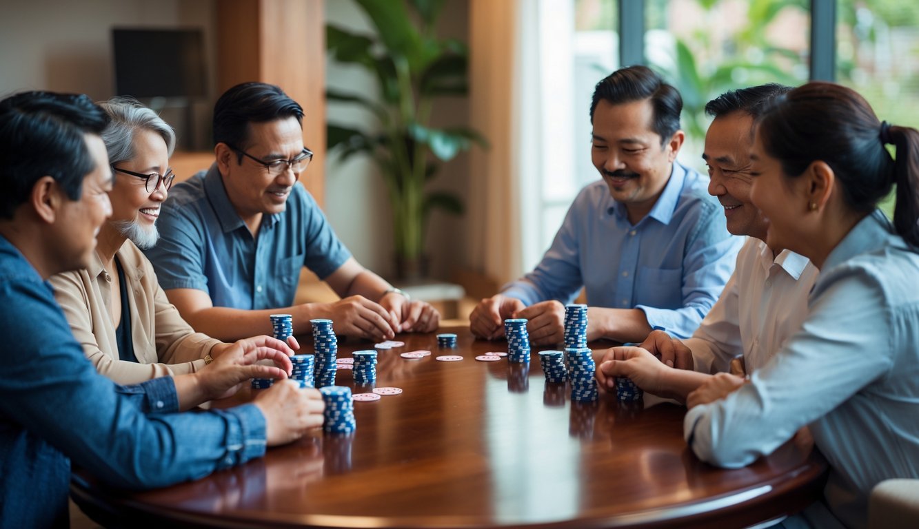 Sekelompok orang dewasa sedang bermain kartu Capsa Susun di meja kayu dengan ekspresi serius dan fokus.
