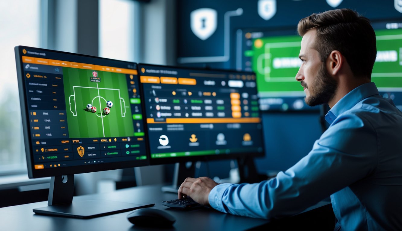 Seseorang sedang menggunakan komputer dengan tampilan pertandingan sepak bola dan simbol keamanan di latar belakang.