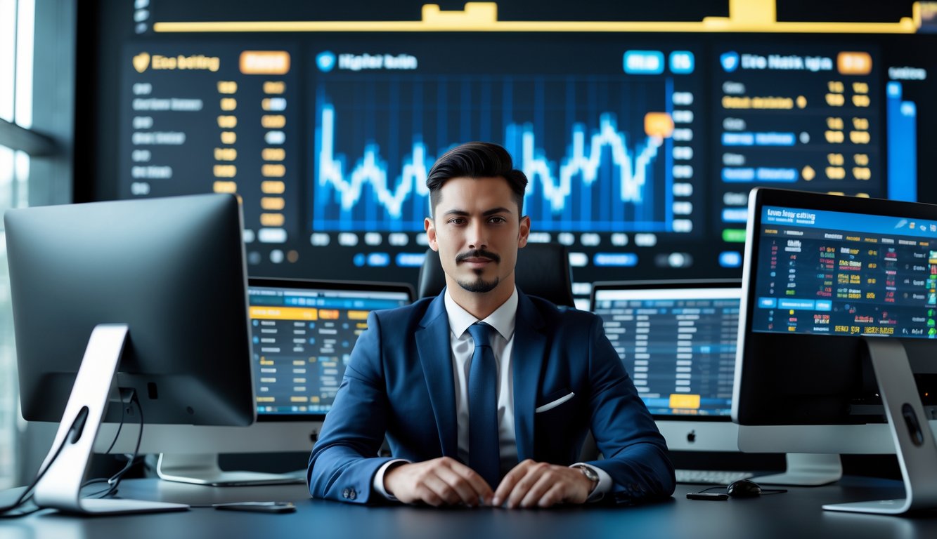Seorang agen bandar bola duduk di depan beberapa monitor komputer yang menampilkan data taruhan olahraga di kantor modern.