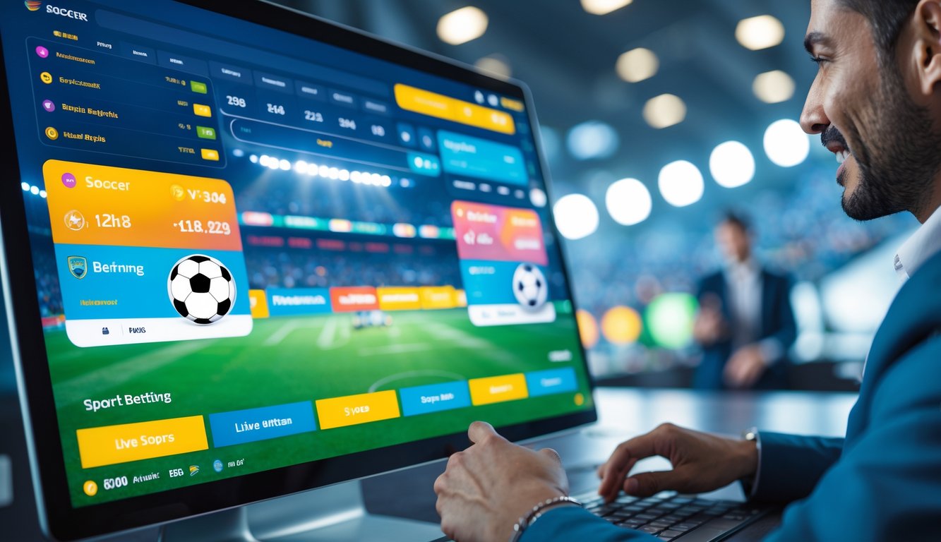 Antarmuka digital modern platform taruhan sepak bola dengan layar komputer dan latar belakang stadion sepak bola.