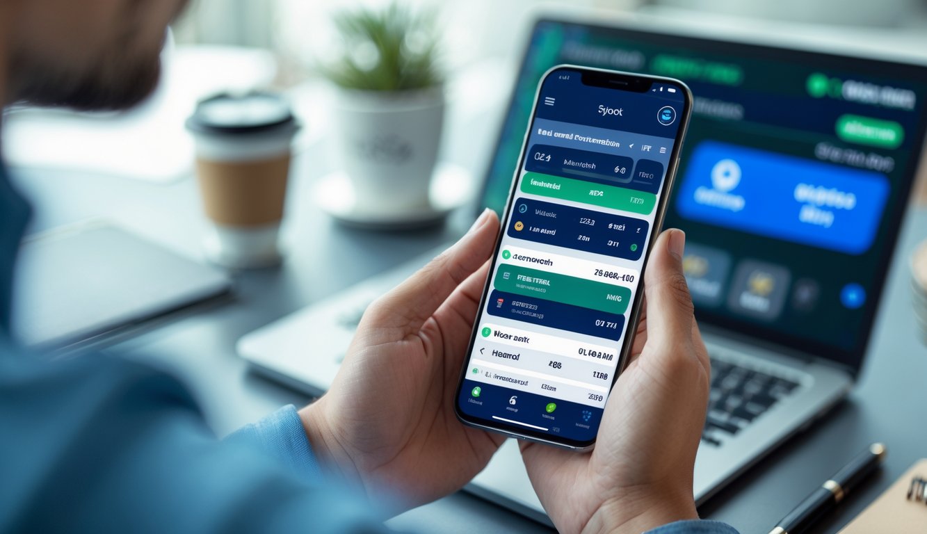 Tangan seseorang memegang ponsel dengan aplikasi taruhan bola terbuka, di latar belakang layar laptop menunjukkan transaksi deposit digital.