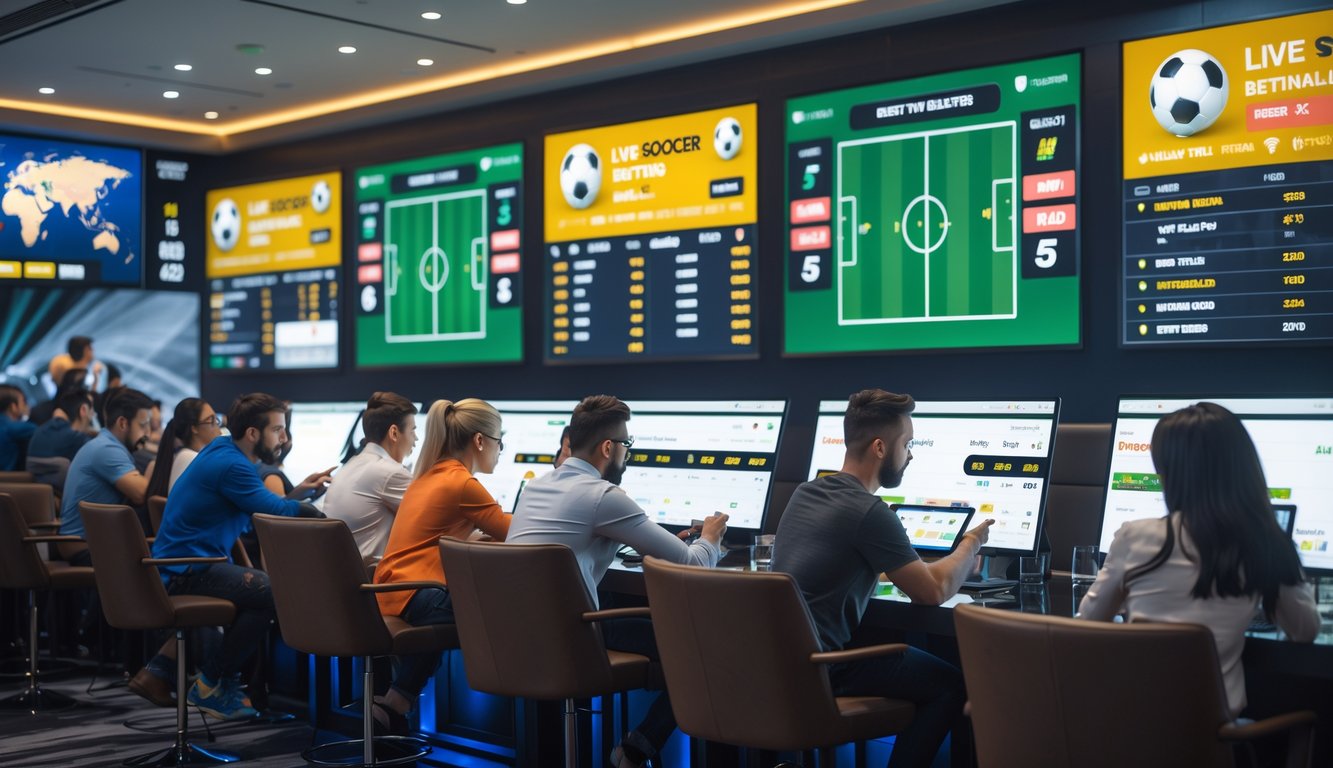 Orang-orang sedang memasang taruhan langsung pada pertandingan sepak bola di sebuah ruang taruhan modern dengan layar besar menampilkan pertandingan dan statistik.