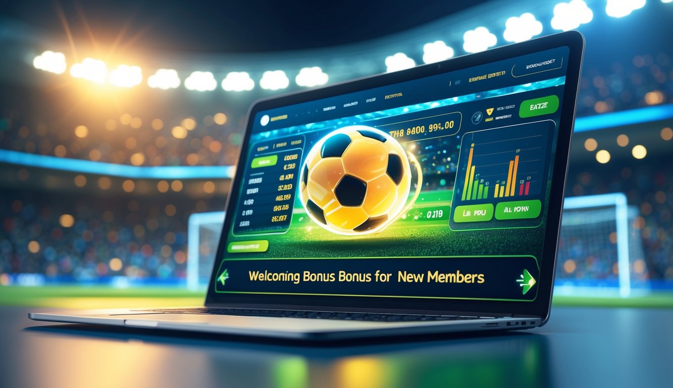 Antarmuka digital modern dengan grafik sepak bola dan stadion yang ramai di latar belakang.