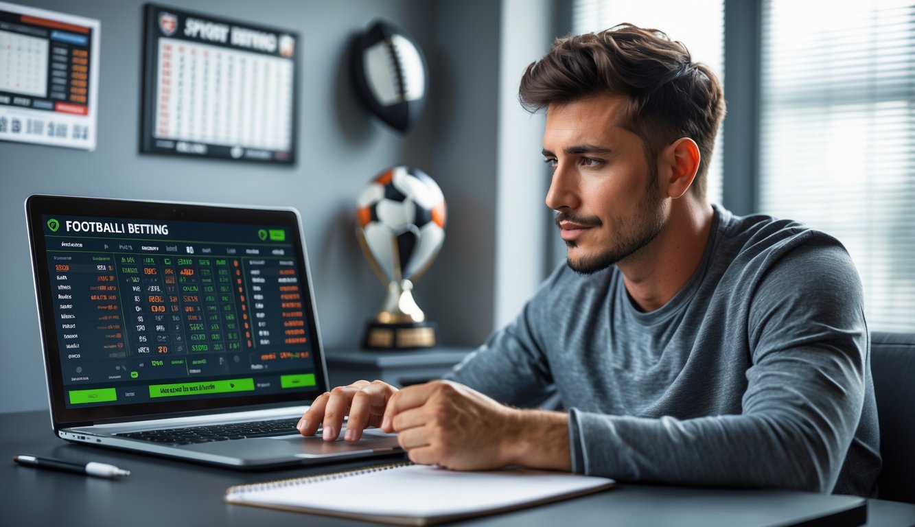 Seorang pria muda duduk di meja dengan laptop, fokus menganalisis data taruhan bola online.