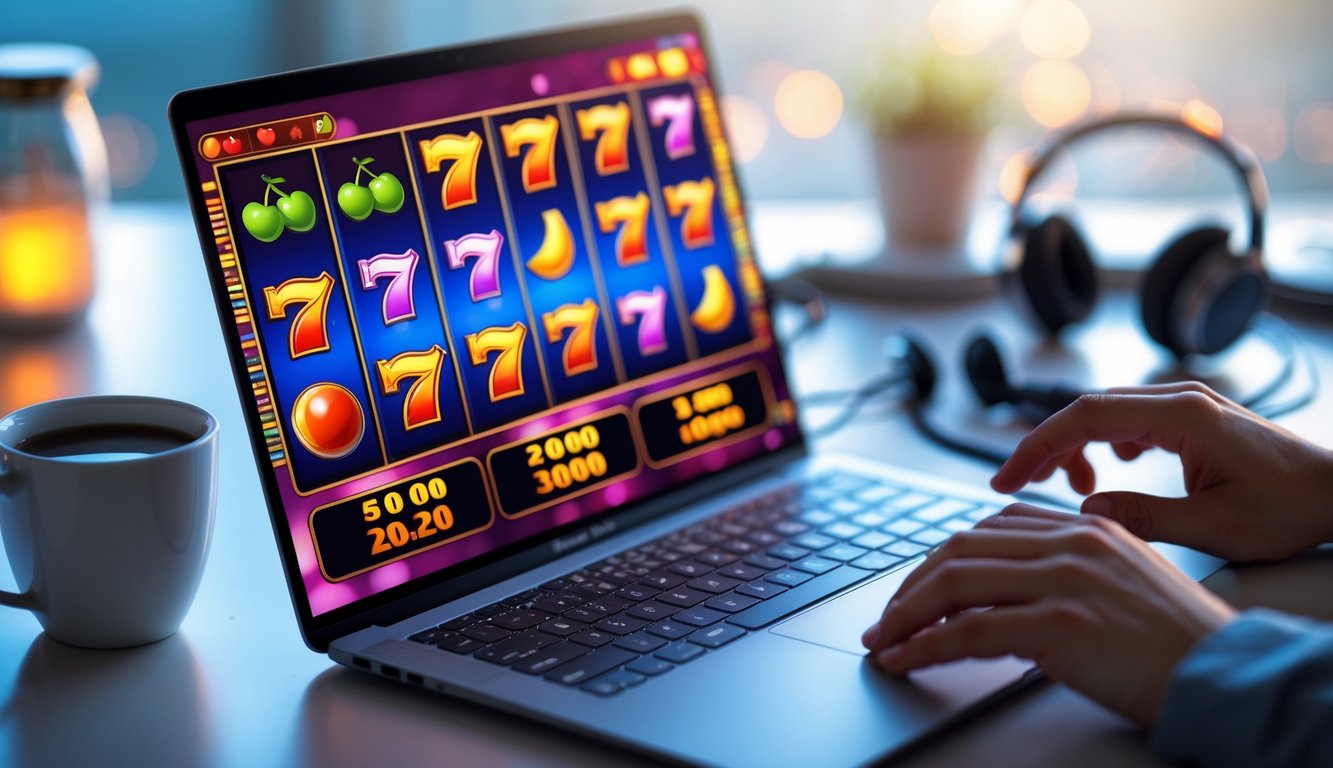 Seseorang bermain permainan slot online di komputer dengan tampilan layar berwarna cerah dan simbol slot klasik.
