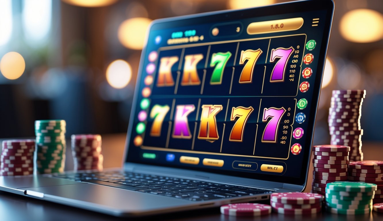 Seorang pria menggunakan laptop dengan tampilan mesin slot online, dikelilingi oleh chip poker dan kartu remi di atas meja.