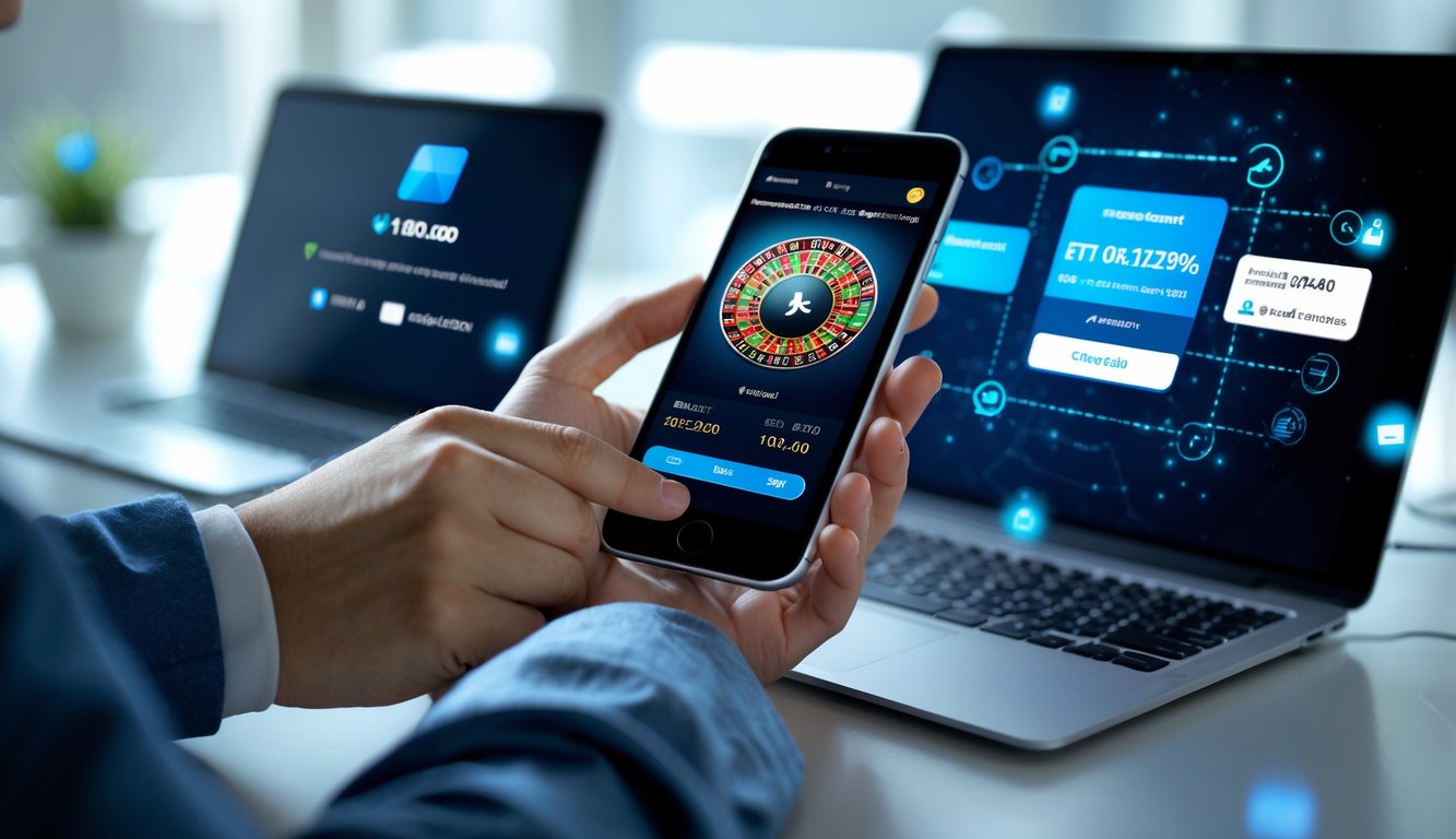 Seseorang menggunakan ponsel dan laptop di meja kerja dengan tampilan permainan slot online dan konfirmasi pembayaran.