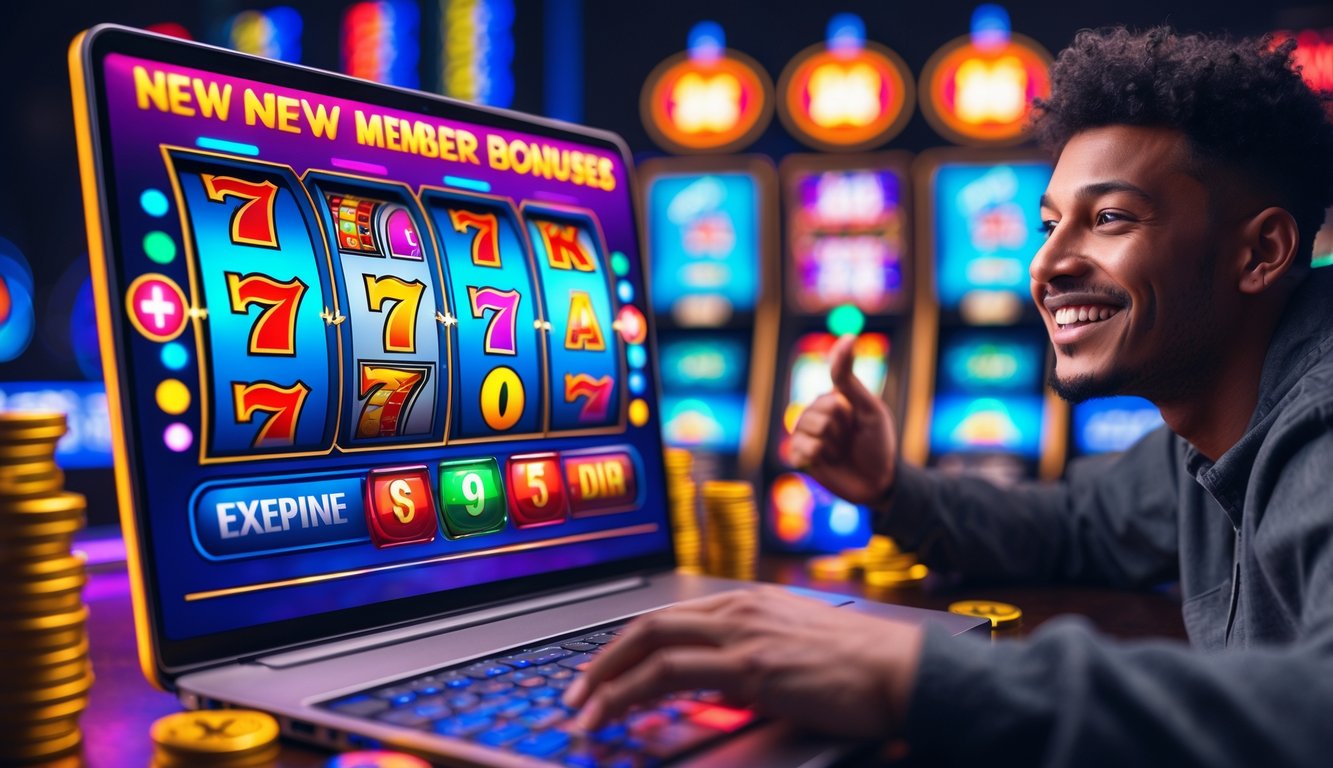 Seseorang sedang bermain mesin slot online di depan komputer dengan ekspresi senang dan antusias.