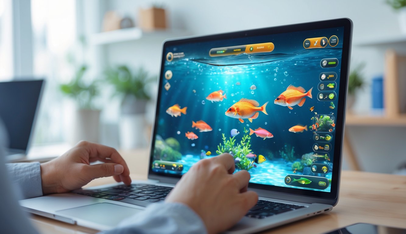 Seseorang menggunakan perangkat digital dengan tampilan permainan ikan yang berwarna-warni di layar.