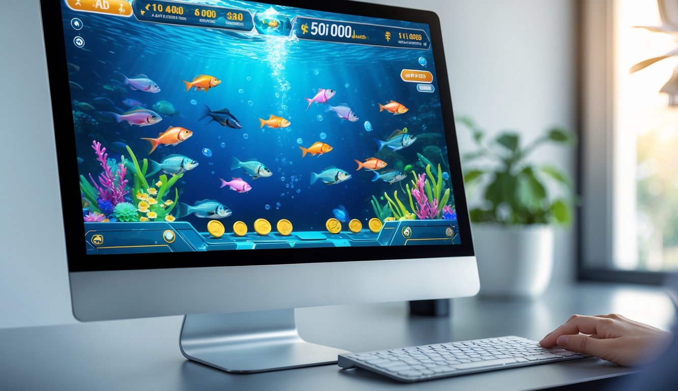 Layar perangkat menampilkan permainan tembak ikan dengan berbagai ikan warna-warni dan koin virtual dalam suasana permainan digital.