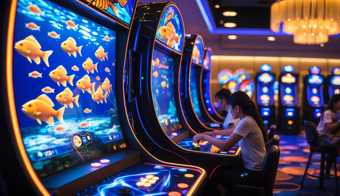 Mesin permainan tembak ikan modern dengan lampu warna-warni di pusat permainan, menampilkan layar besar dengan ikan digital dan beberapa pemain yang sedang bermain.