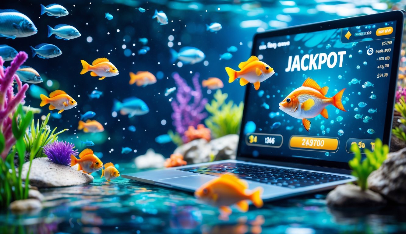 Layar perangkat digital menampilkan permainan memancing ikan online dengan ikan berwarna-warni dan angka jackpot besar di latar bawah laut.
