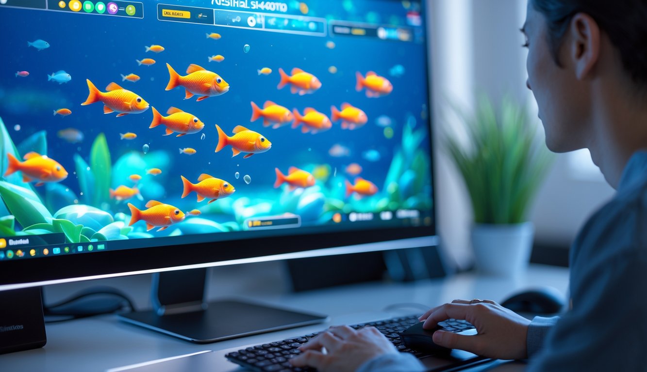 Seorang pengguna bermain permainan menembak ikan di komputer di ruang kerja modern.