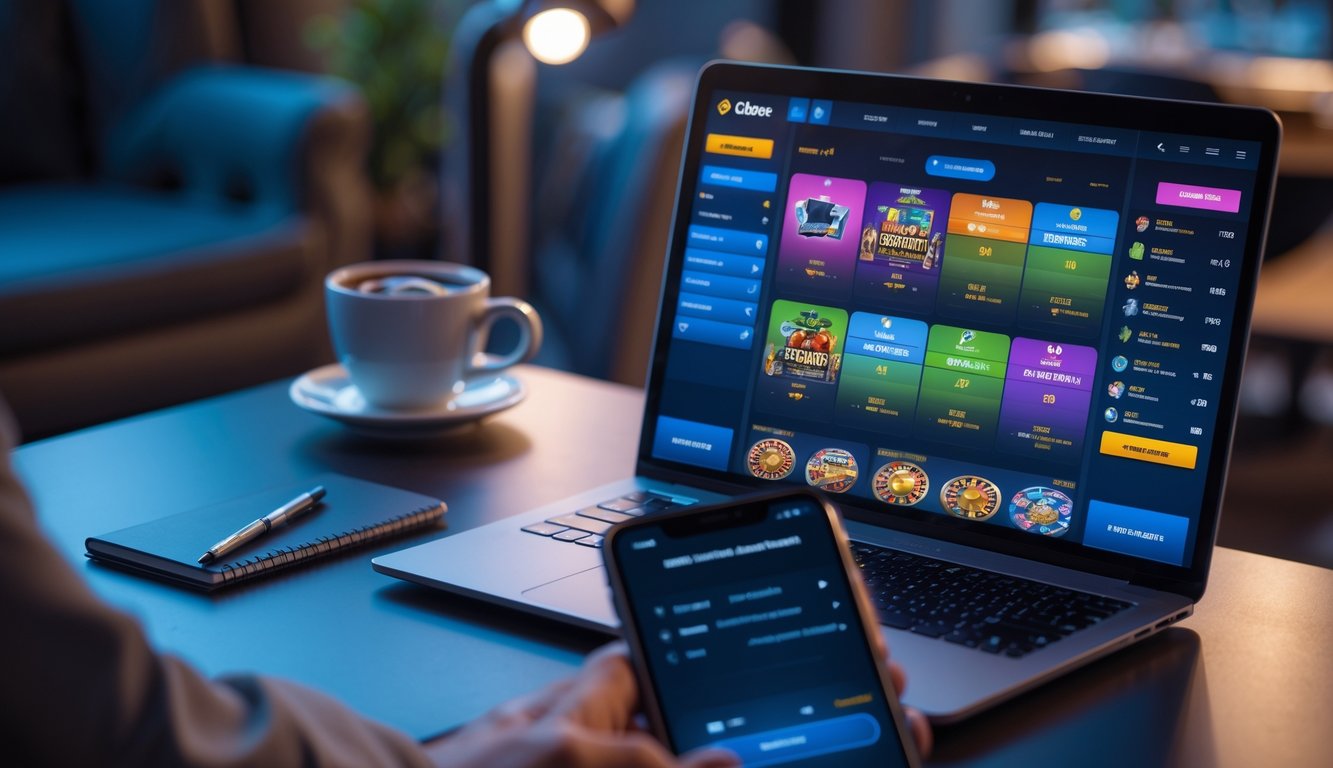 Sebuah meja kerja dengan laptop dan ponsel yang menampilkan aplikasi taruhan online, dikelilingi oleh cangkir kopi dan alat tulis.