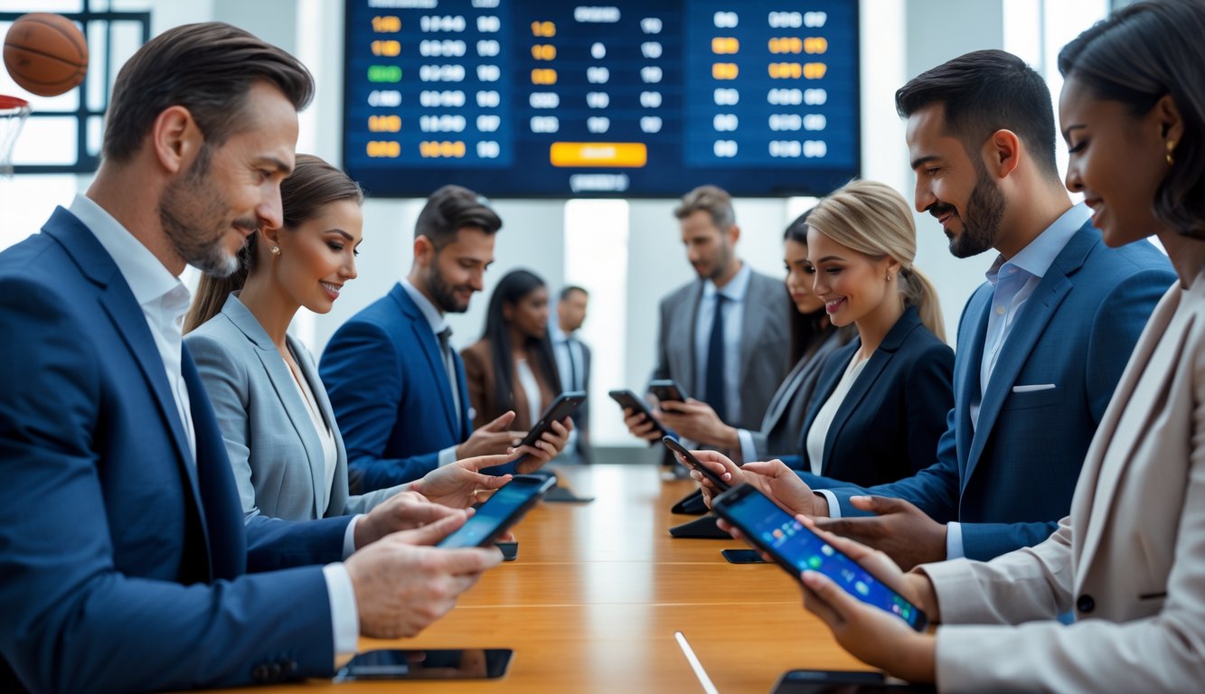 Beberapa orang sedang memasang taruhan pada pertandingan bola basket menggunakan perangkat elektronik di sebuah ruangan modern.