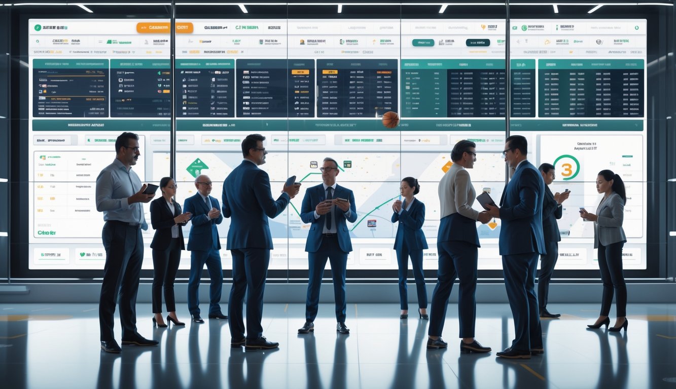 Orang-orang sedang melihat layar digital dengan data taruhan bola basket lengkap di latar belakang lapangan basket.