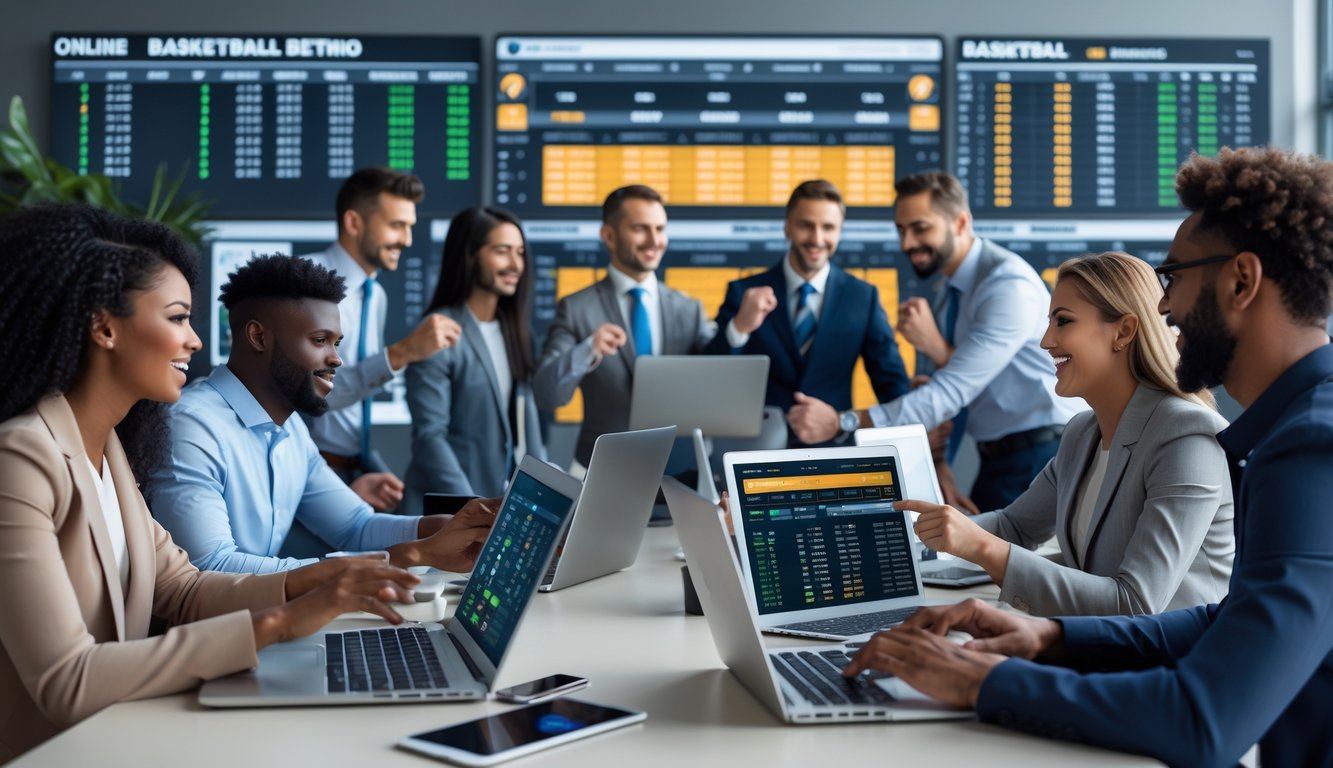 Orang-orang di kantor modern sedang melihat statistik dan grafik taruhan bola basket di layar komputer dan ponsel.