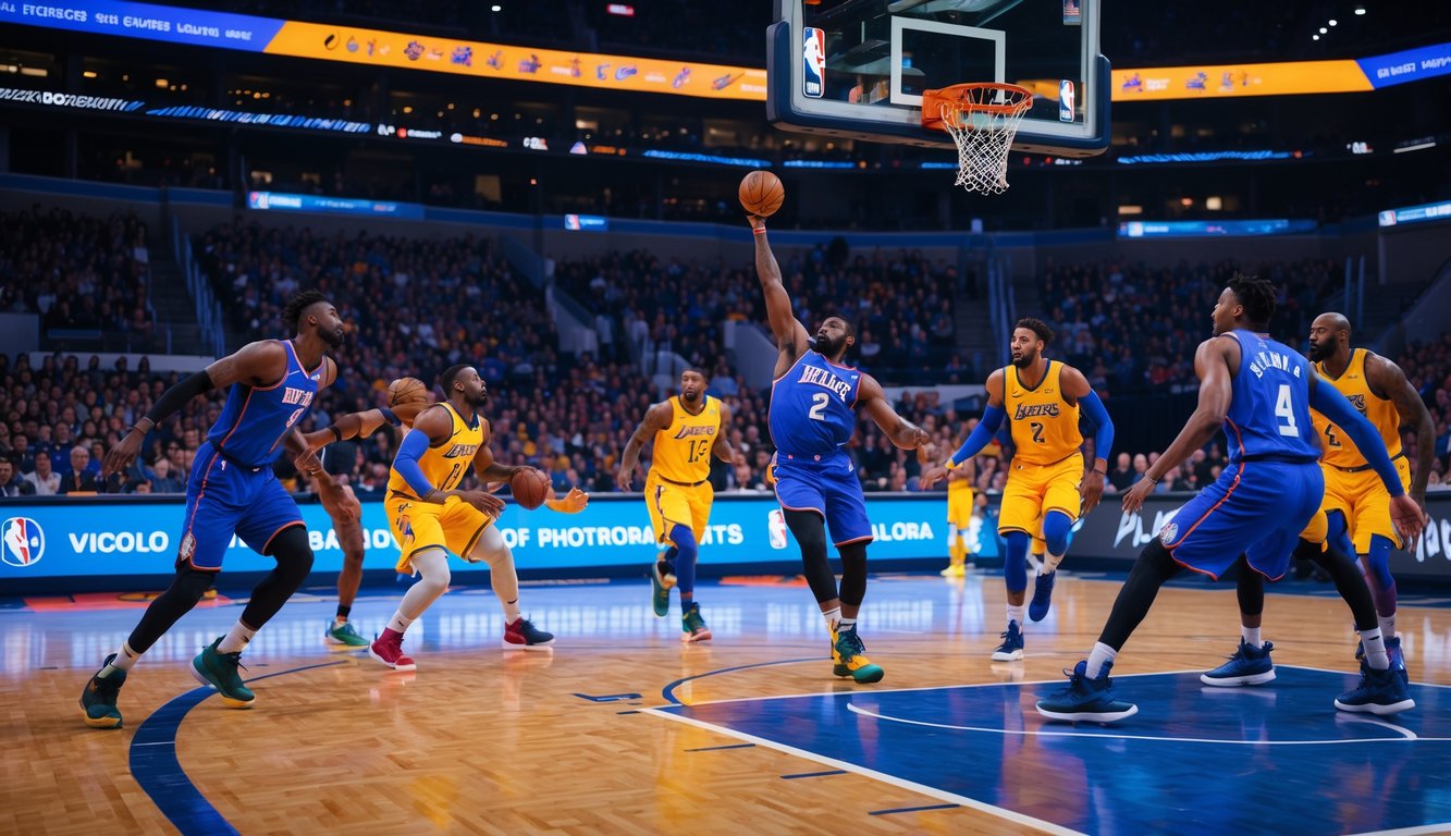 Pertandingan bola basket NBA yang intens di dalam arena dengan pemain sedang melakukan slam dunk dan penonton antusias.