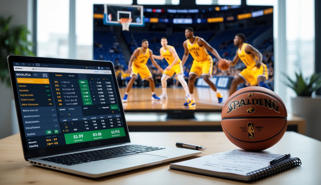 Meja kerja dengan laptop menampilkan statistik bola basket, bola basket di samping laptop, dan catatan strategi taruhan bola basket, dengan layar besar menampilkan pertandingan bola basket yang sedang berlangsung di latar belakang.