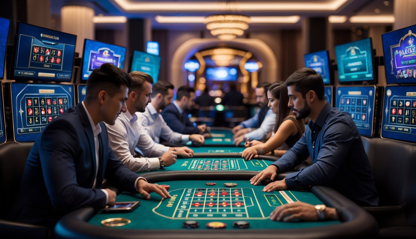 Sejumlah pemain sedang bermain di meja kasino online dengan layar komputer dan suasana kasino yang elegan.