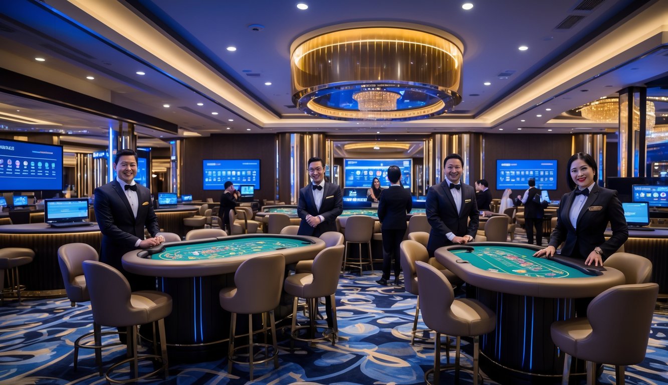 Suasana kasino langsung modern dengan dealer profesional dan pemain yang menggunakan perangkat digital.