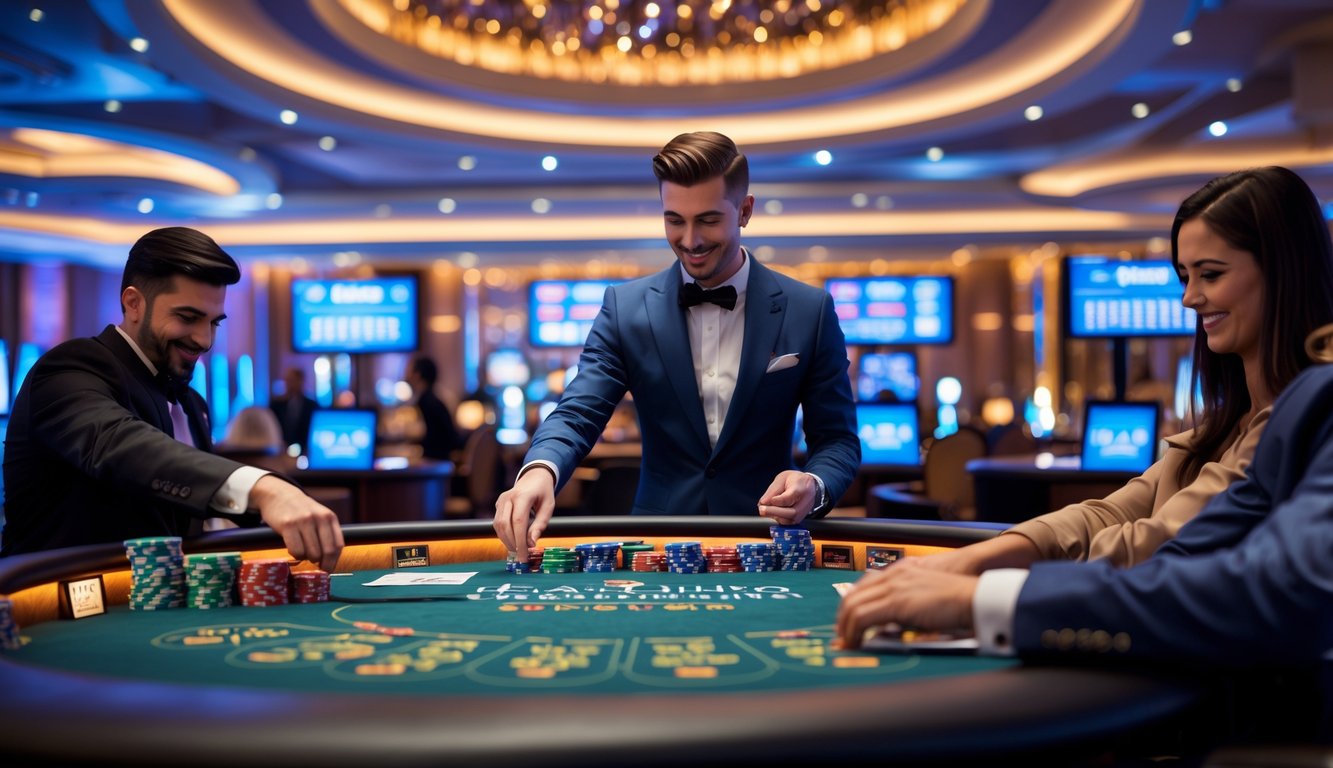 Suasana kasino langsung dengan dealer dan pemain yang sedang bermain menggunakan uang asli di meja kasino.
