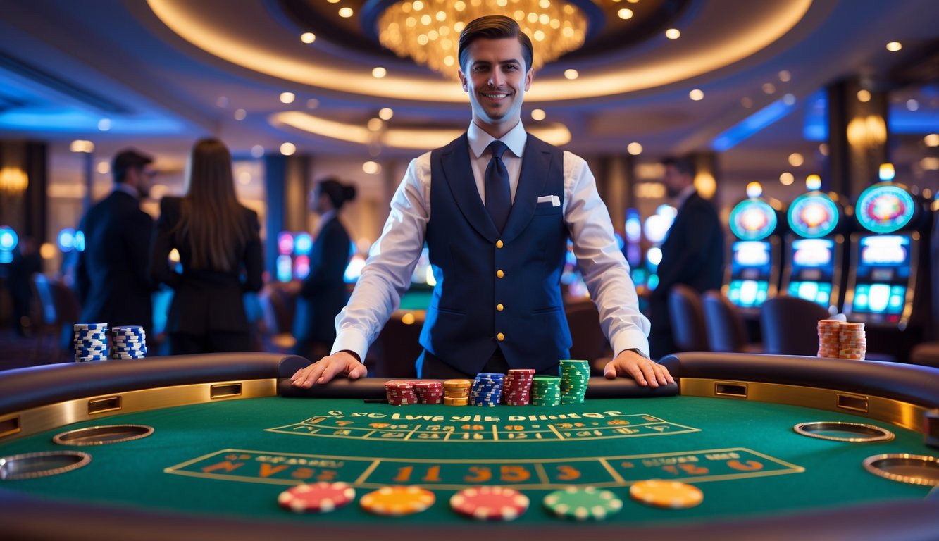 Seorang dealer berjubah resmi berdiri di belakang meja kasino dengan chip poker dan kartu, dengan pemain samar di latar belakang.