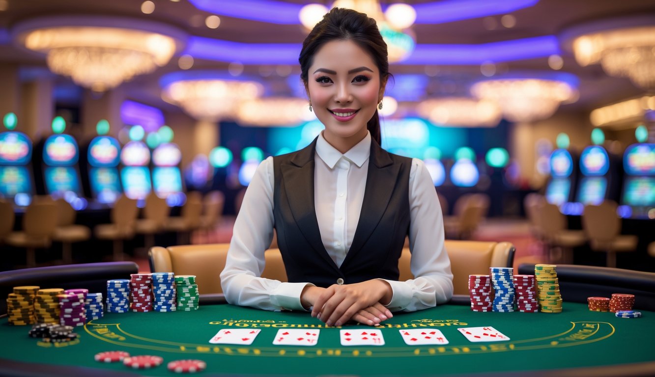 Seorang wanita Indonesia cantik sebagai dealer kasino langsung berdiri di belakang meja kasino dengan kartu dan chip, latar belakang kasino yang ramai.