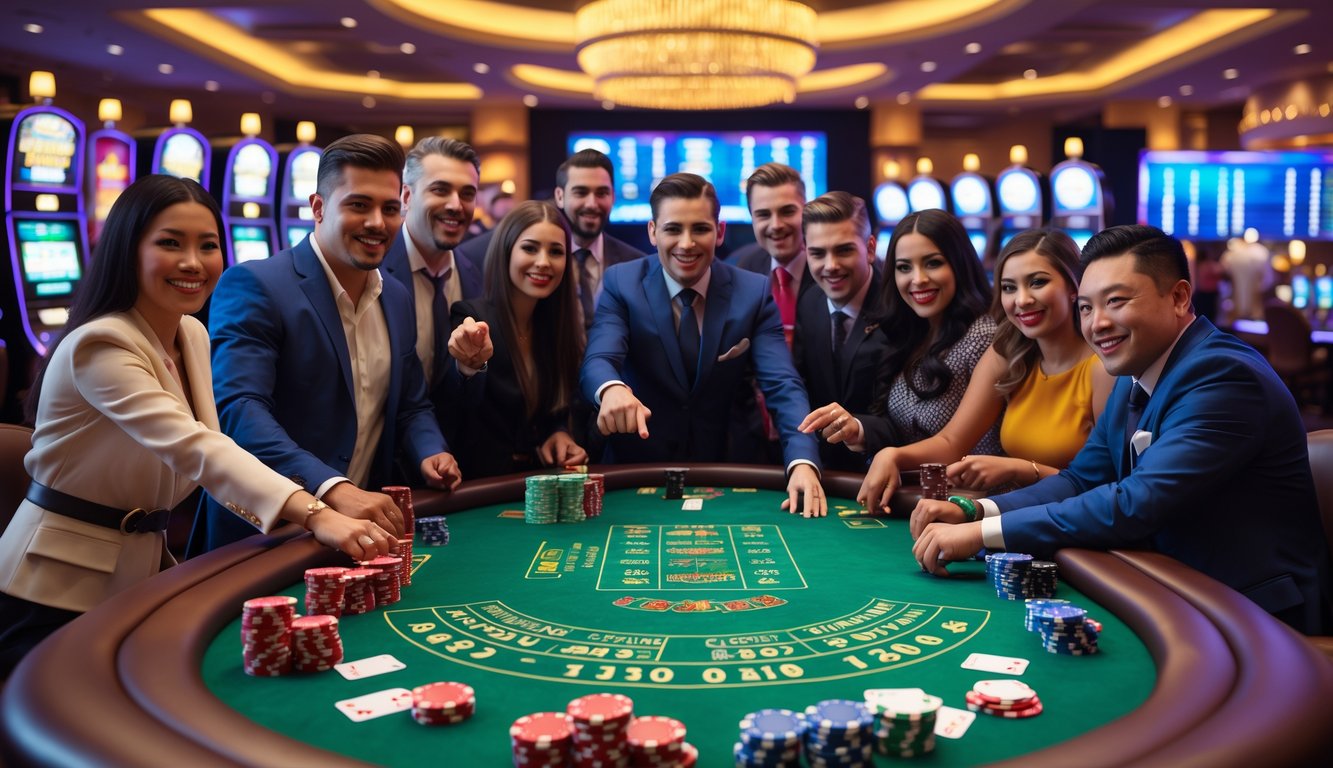 Sekelompok pemain kasino yang bersemangat bermain di meja blackjack dengan suasana kasino yang hidup dan elegan.