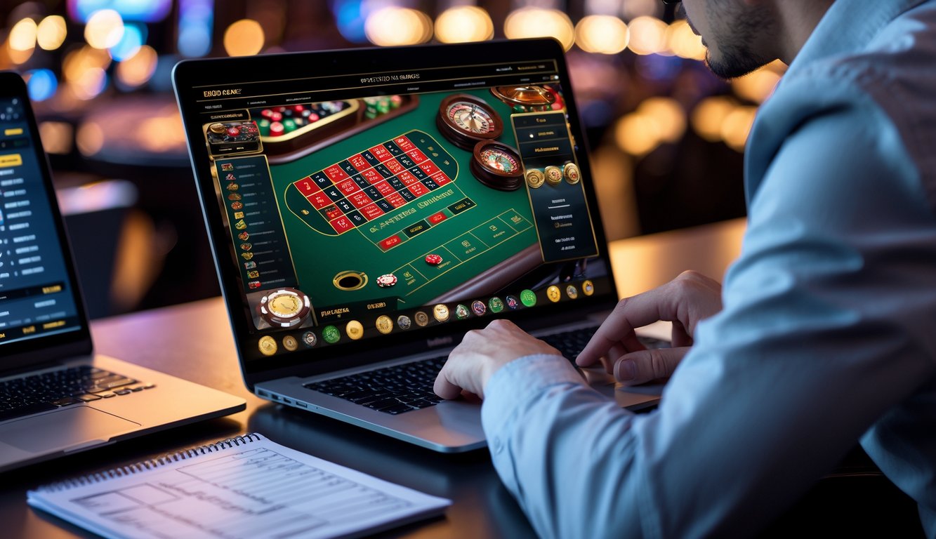 Seseorang sedang menganalisis strategi bermain kasino online langsung di depan laptop dengan tampilan permainan kasino dan catatan di meja.