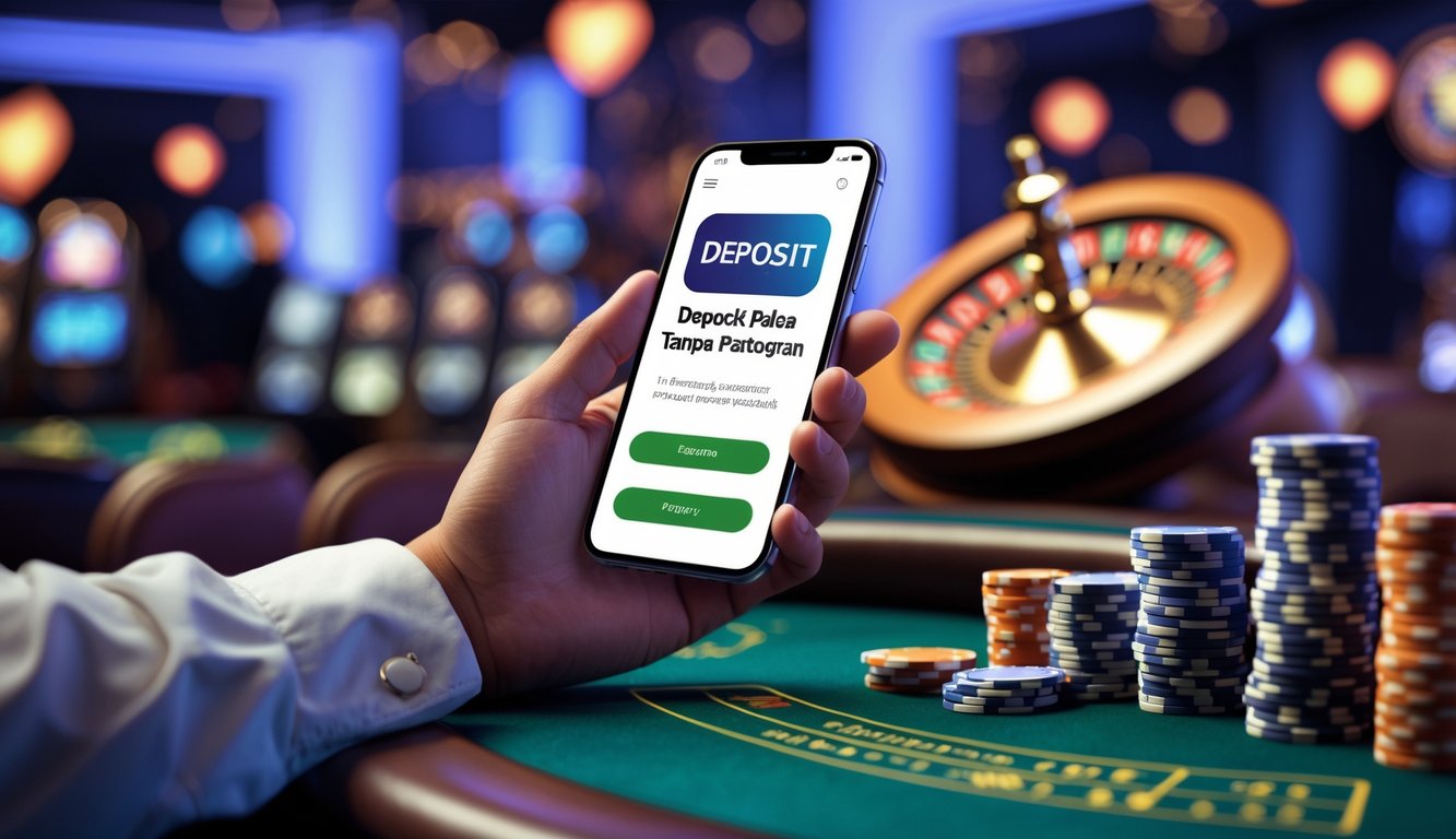 Tangan seseorang memegang ponsel dengan aplikasi pembayaran digital di latar belakang kasino dengan chip dan kartu remi.