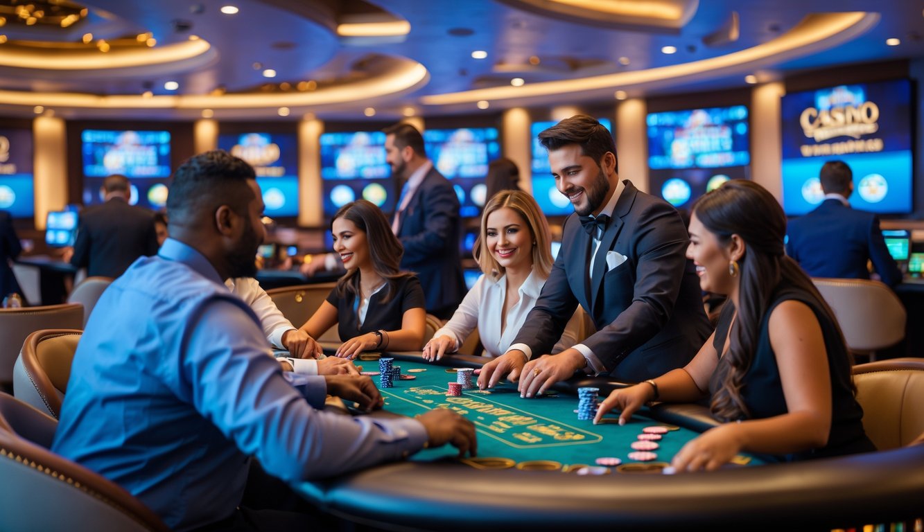 Orang-orang bermain di meja kasino langsung dengan dealer dan layar digital di latar belakang.