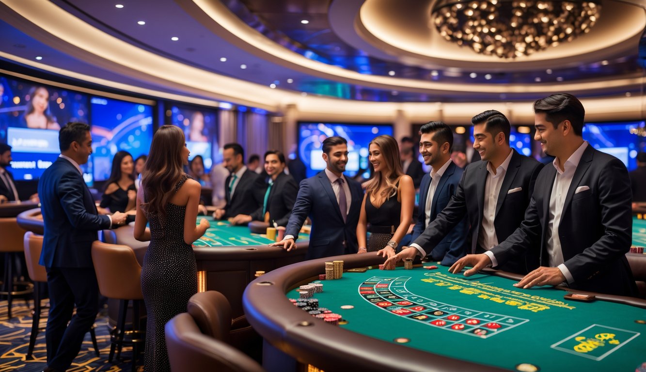 Suasana kasino langsung dengan orang-orang bermain permainan meja di ruangan mewah dan pencahayaan elegan.