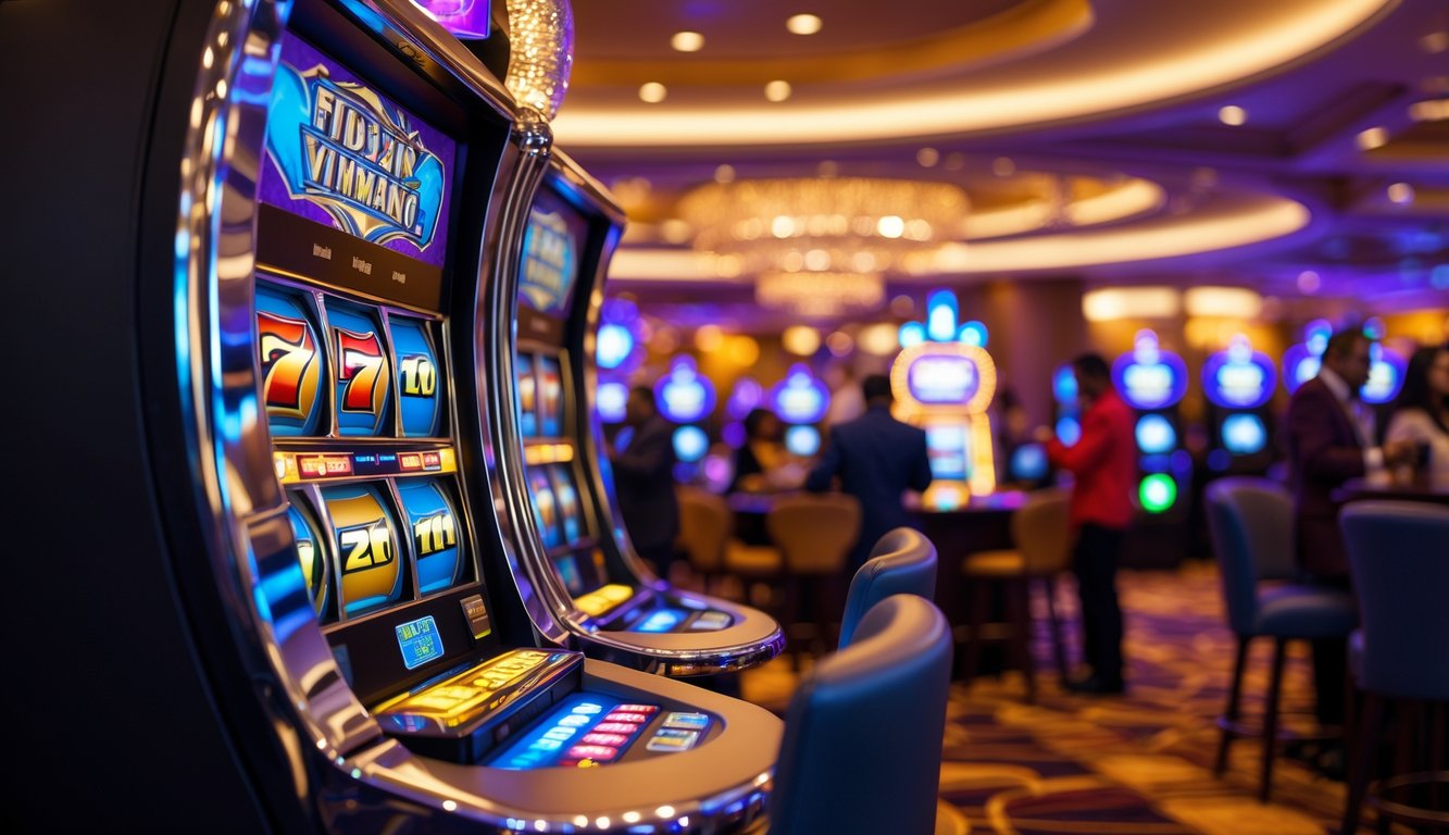 Suasana kasino modern dengan mesin slot berwarna-warni dan orang-orang menikmati permainan.