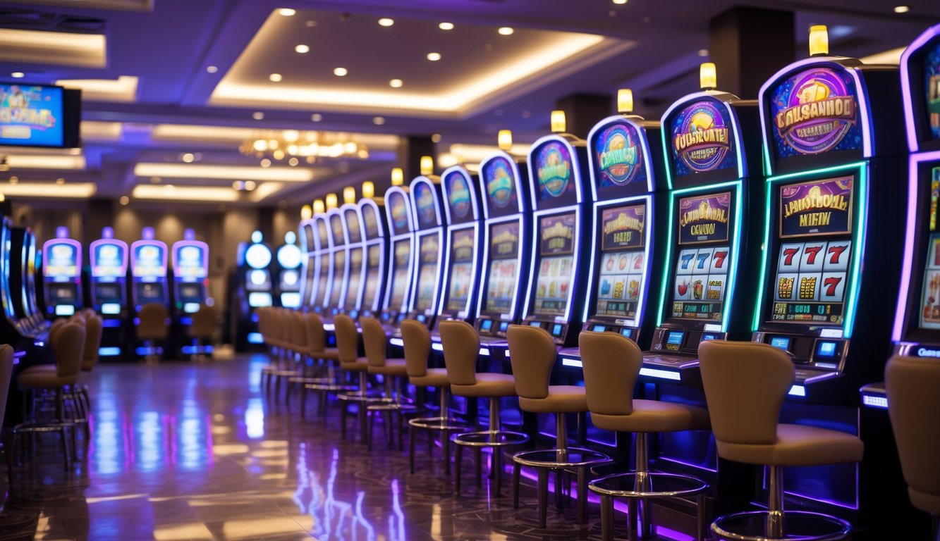 Area mesin slot modern dan terang dengan mesin slot terbaru yang berwarna-warni dan layar digital, tanpa orang di sekitar.