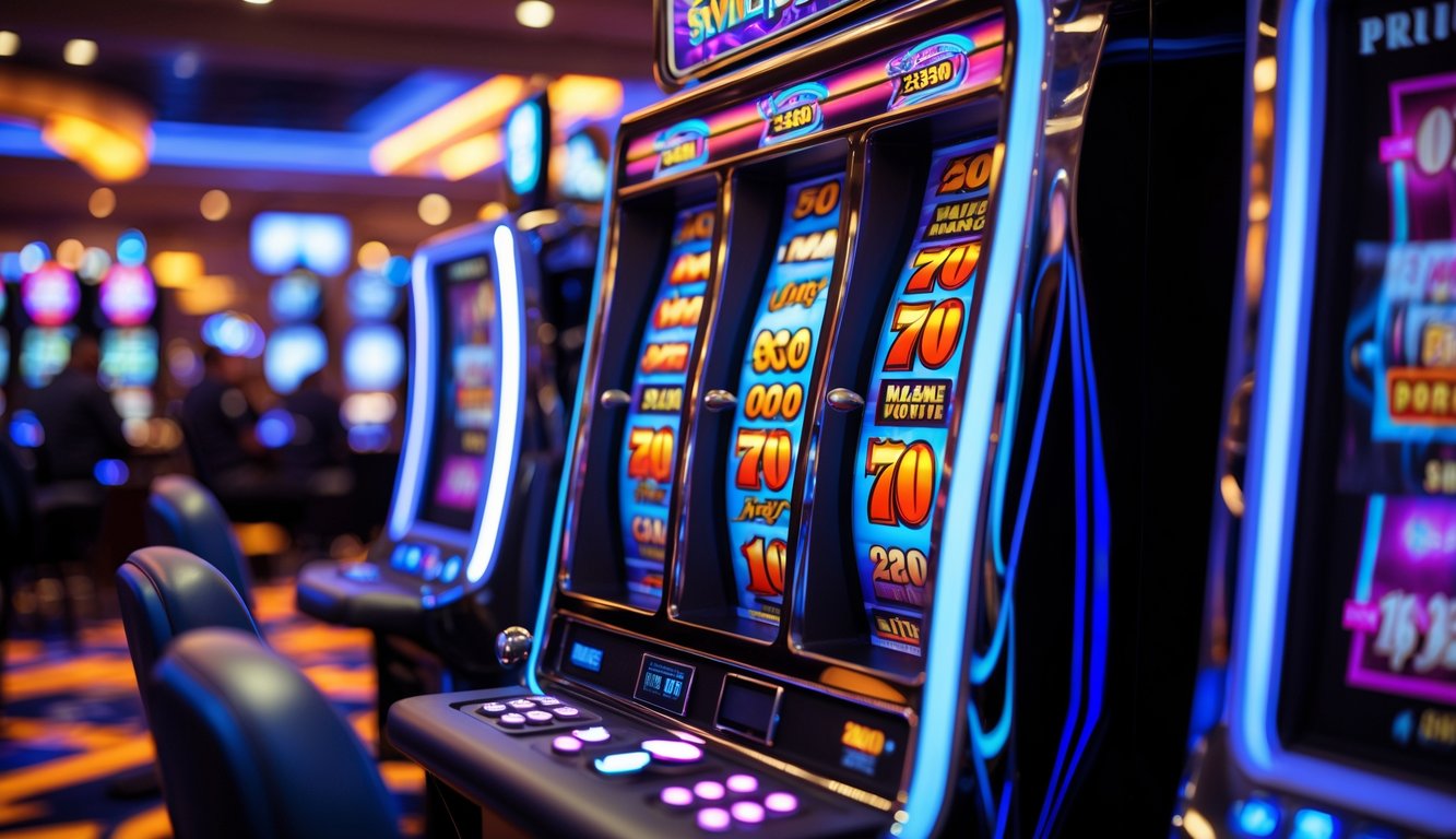 Mesin slot modern dengan lampu warna-warni di dalam kasino yang ramai dan cerah.