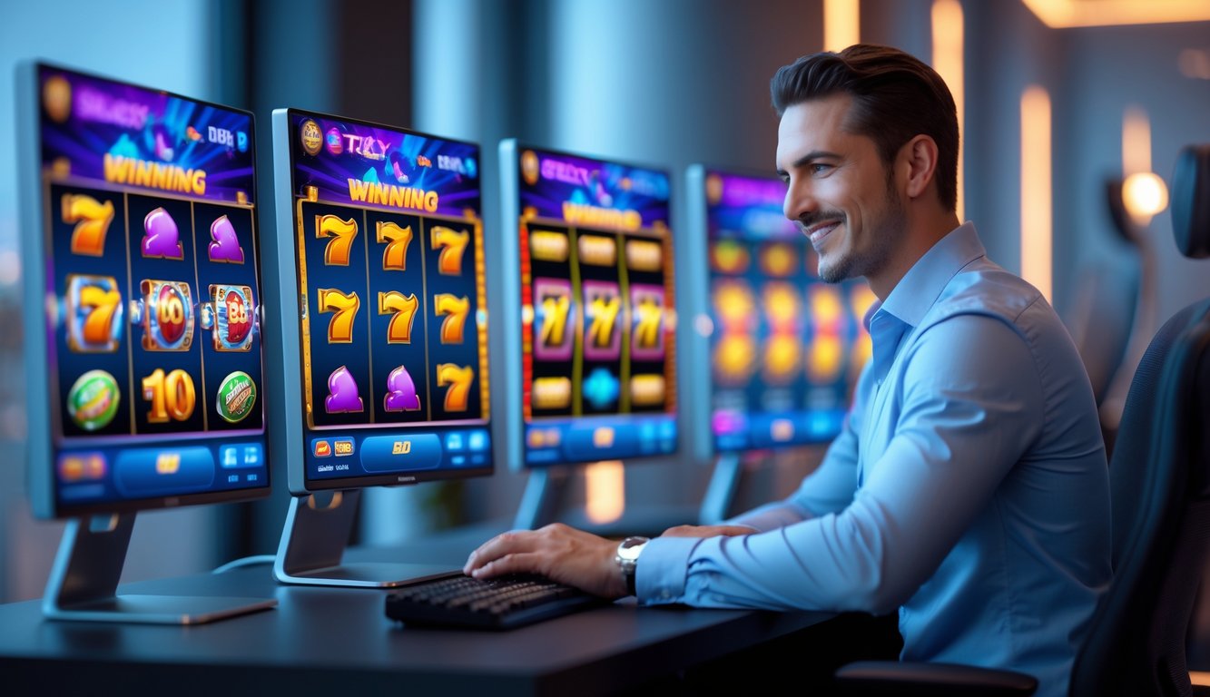 Seorang pria di depan komputer dengan layar menampilkan permainan mesin slot yang berwarna-warni dan menarik.