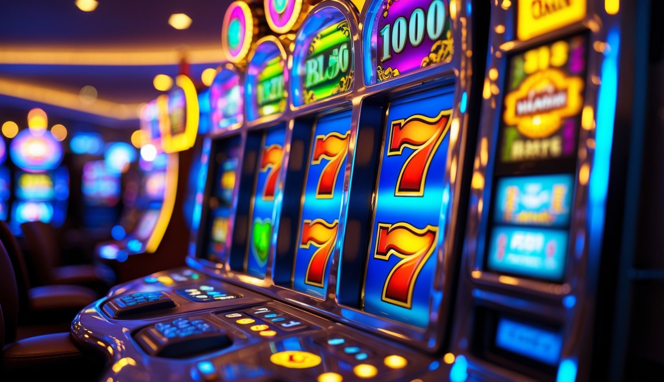 Mesin slot modern dengan simbol kemenangan berwarna cerah di kasino yang ramai.