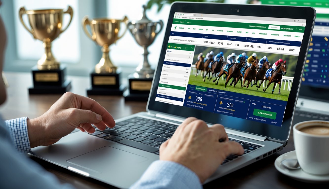 Seseorang menggunakan laptop di meja kerja dengan tampilan situs balap kuda online, dikelilingi oleh elemen terkait balap kuda.