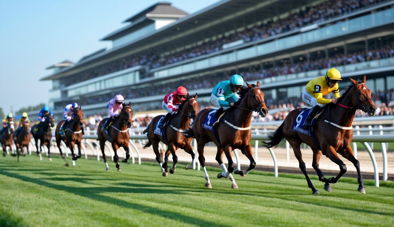Lomba pacuan kuda dengan beberapa kuda berlari cepat dan joki mengenakan pakaian berwarna-warni di sebuah arena pacuan dengan penonton di tribun.