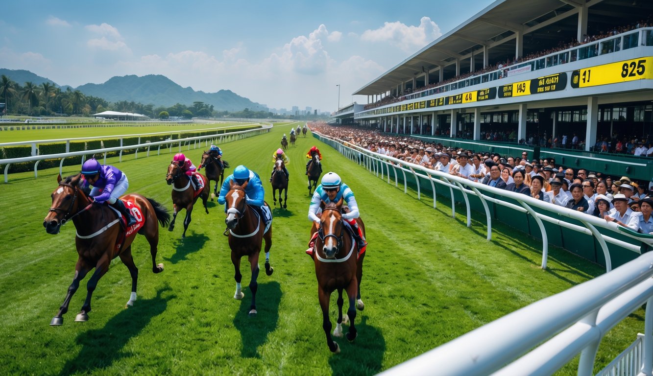 Balapan kuda resmi di Indonesia dengan kuda berlari cepat dan penonton antusias di tribun.