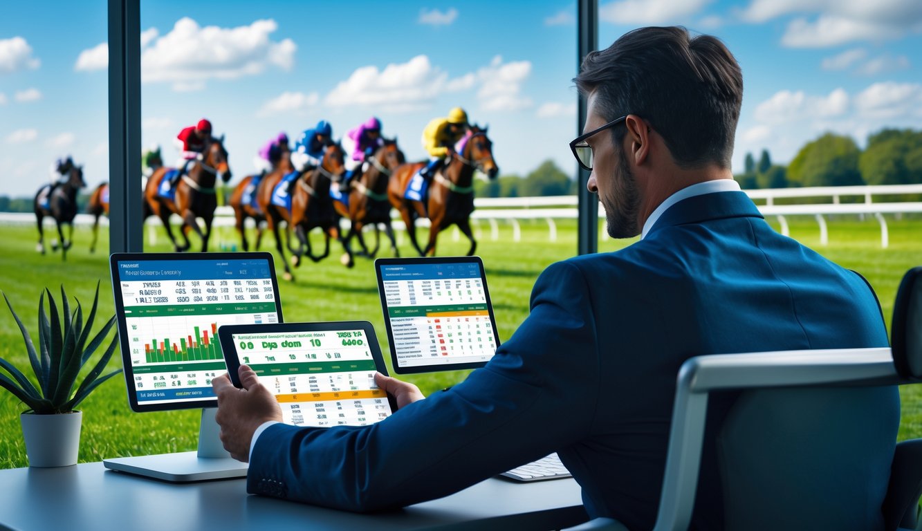 Seseorang sedang menganalisis data balap kuda di depan layar komputer dengan latar belakang balapan kuda yang sedang berlangsung di lintasan hijau.