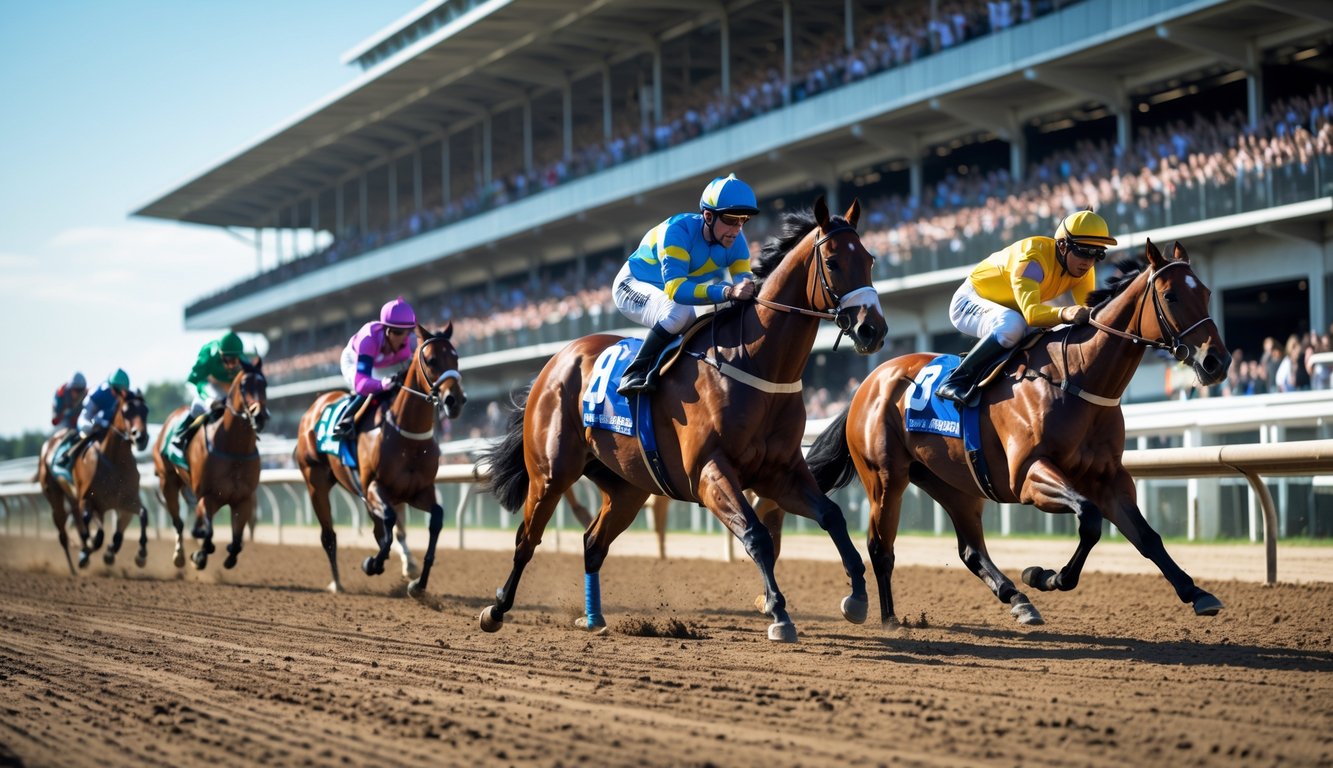 Beberapa kuda pacuan dengan joki berwarna-warni sedang berlari cepat di lintasan pacuan kuda dengan tribun penonton penuh di latar belakang.