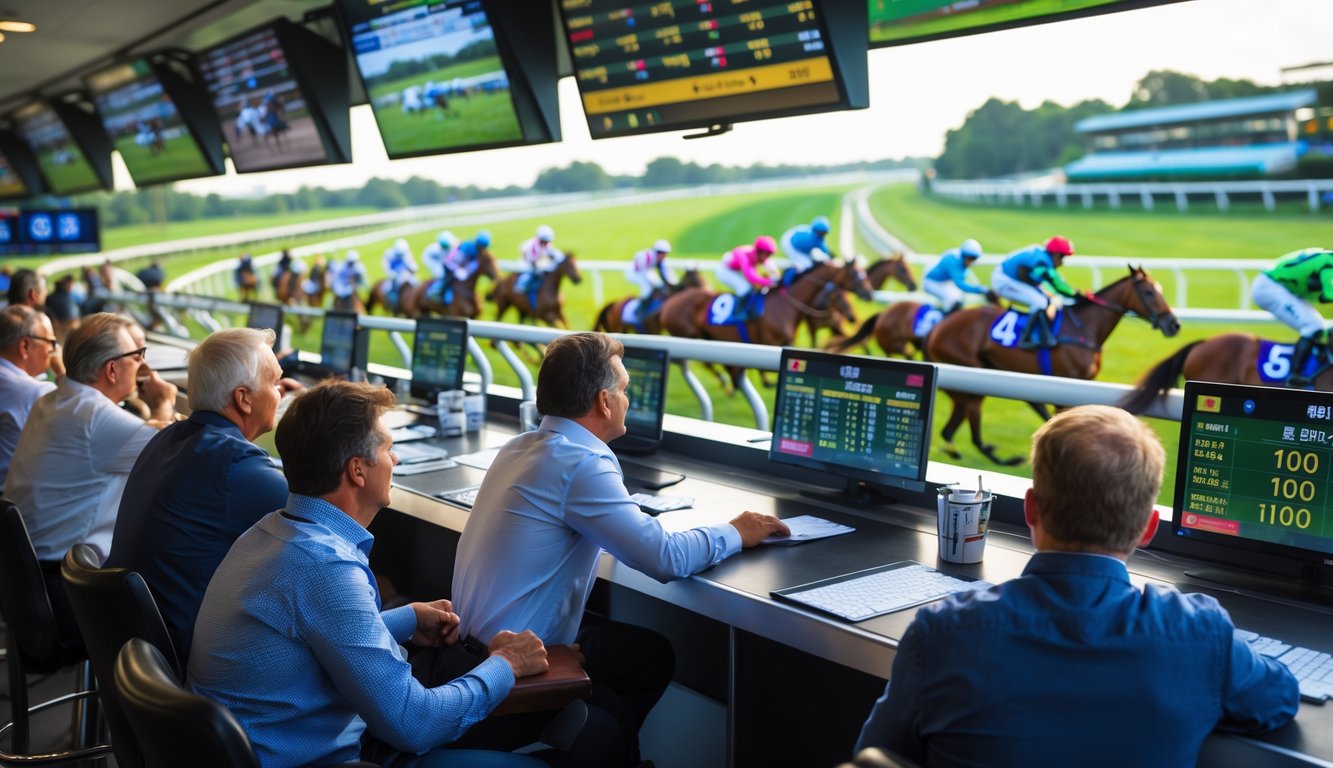 Orang-orang sedang menonton balap kuda dan memasang taruhan di arena balap kuda.