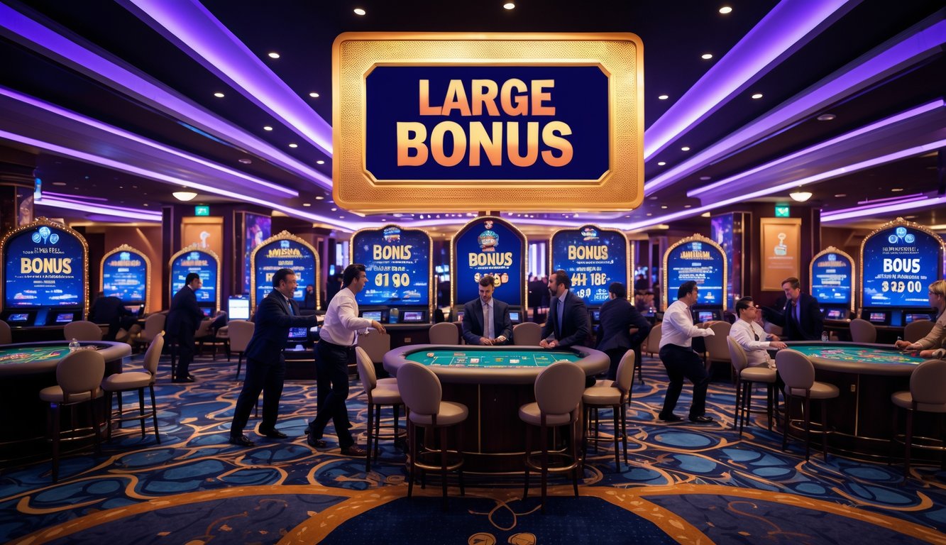 Suasana kasino langsung dengan meja permainan dan pemain yang antusias menikmati bonus besar.