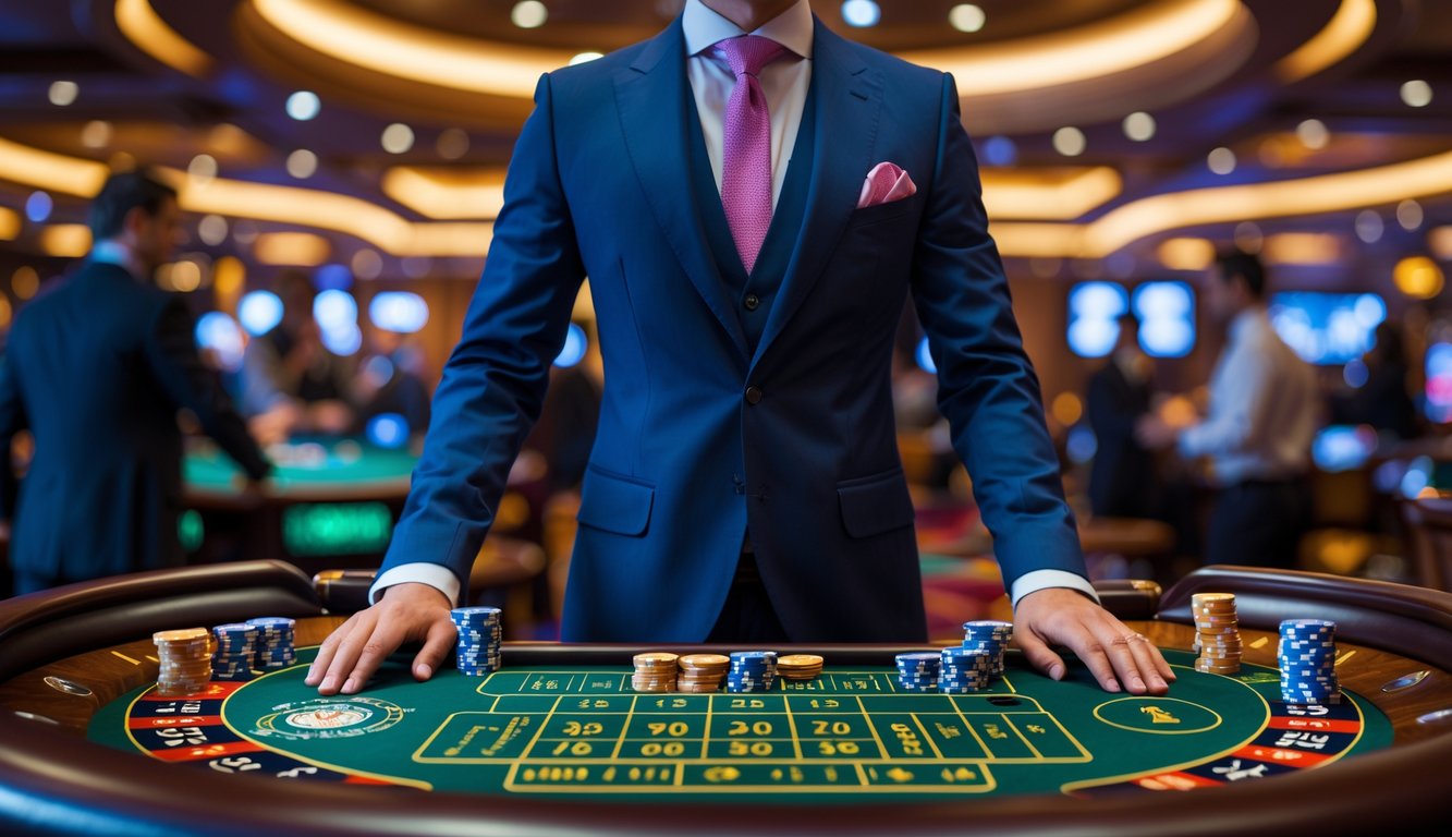 Seorang dealer di meja kasino dengan chip dan kartu, dikelilingi suasana kasino mewah dan pemain yang sedang bermain.